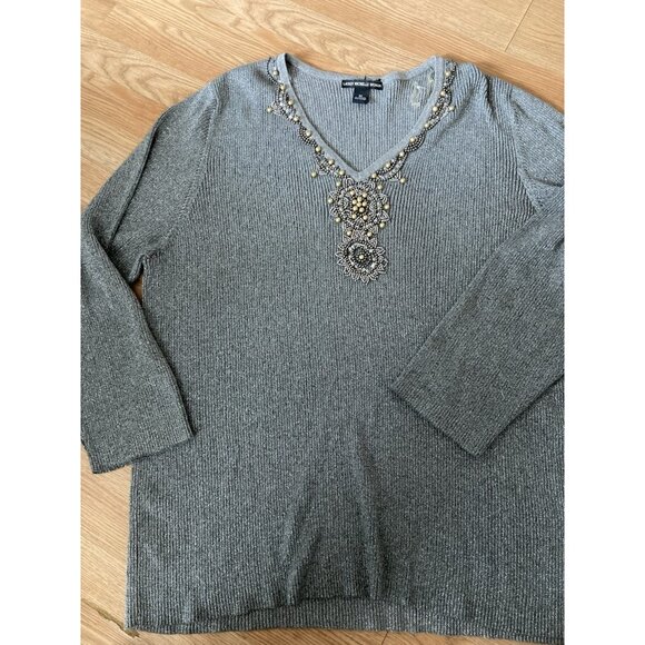 Women’s Beaded Festive Pullover Sweater Gray Size 3X Ribbed Shimmery Glitzy (C2) - Picture 1 of 6